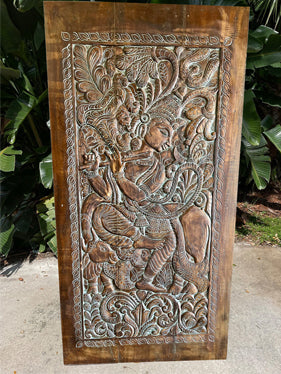 Antiqued Fluting Krishna with Cow, Vintage Indian Carving Wall Sculpture 84